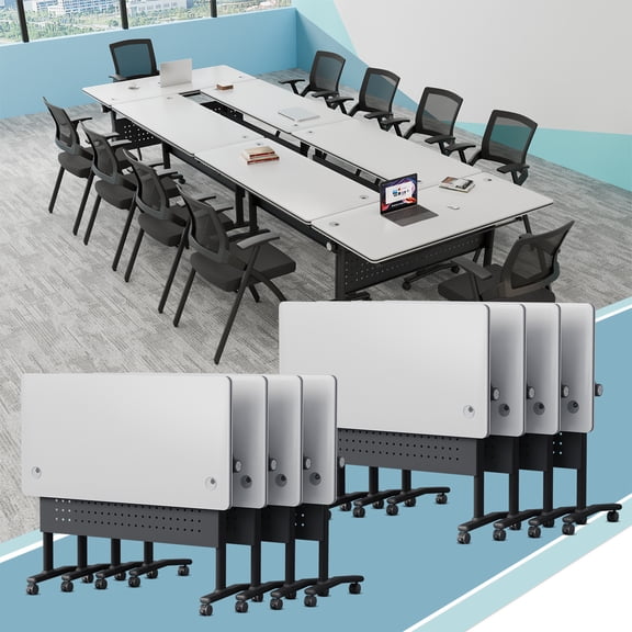 Folding Conference Table on Wheels & 2 Cable Grommets,Modular Flip Top Meeting Table,Rolling Training Table for Office(8,White,61" D X 19.6" W X 29.5" H)