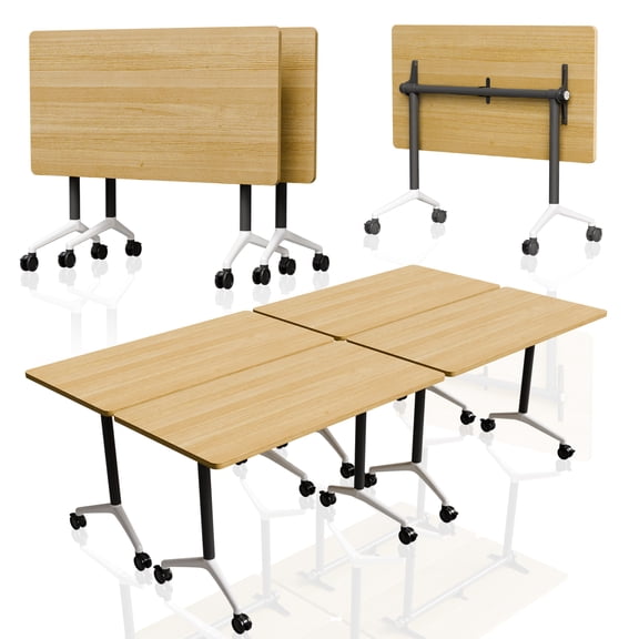 Folding Conference Table with Wheels Set of 2, Flip Top Conference Room Table, Modular Training Room & Meeting Table, Rolling Nesting Office Table for Classroom Seminar, Maple, 47.2 in