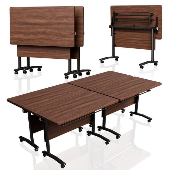 Folding Conference Table with Wheels Set of 2, Flip Top Conference Room Table, Modular Training Room & Meeting Table, Rolling Nesting Office Table for Classroom Seminar, Walnut2, 47.2 in
