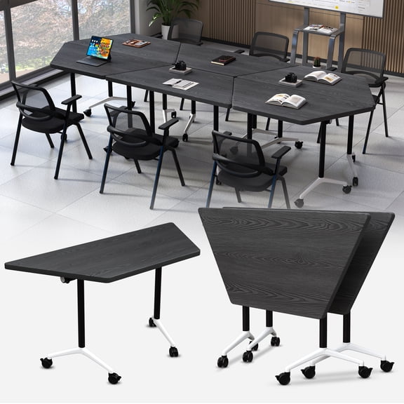 Folding Conference Table with Wheels Trapezoid, Modular Foldable Flip Top Conference Room Table, Mobile Training Meeting Tables for Office Classroom (2PCS 47.2IN Black2)