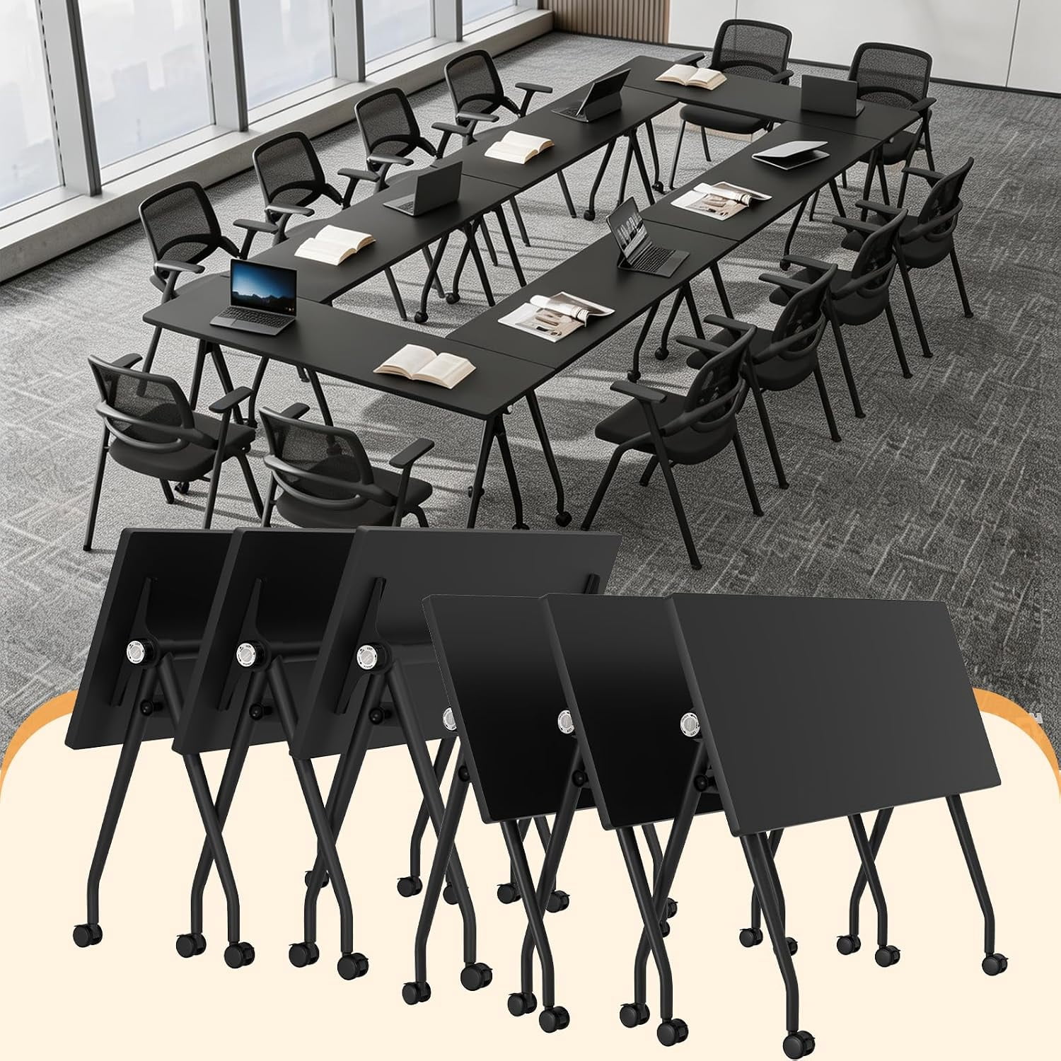 Conference Rm Rectangular Table Folding Conference Table with Silent Wheels,Flip Top Training Table ...