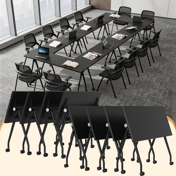 Rectangular Activity Table Folding Conference Table with Silent Wheels,Flip Top Training Table ...