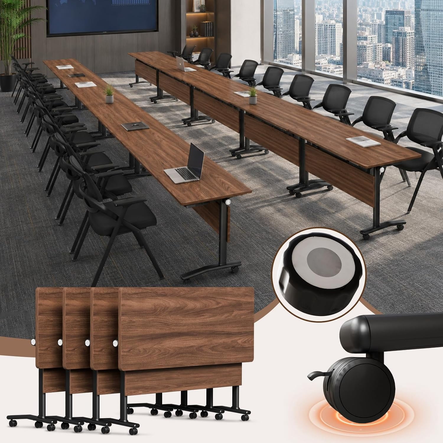 Conference Rm Rectangular Table Folding Conference Table with Silent Wheels,Walnut Modular Rectangular ...