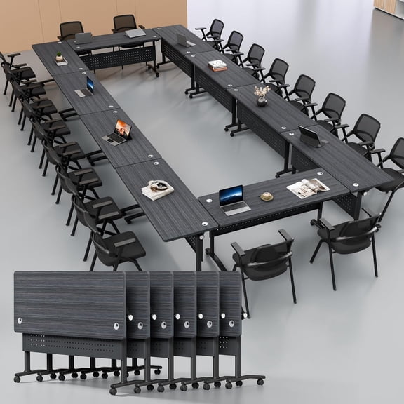Folding Conference Table with Wheels,Large Modular Rolling Table for Office,School,Classroom,Space-Saving,Black-Gray,55in