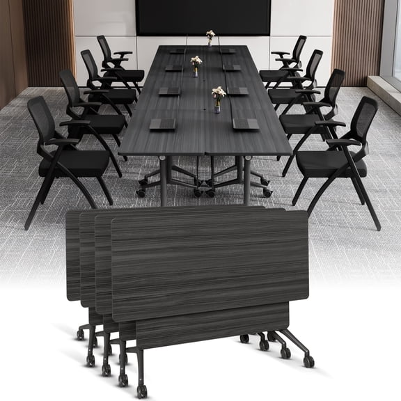 Folding Conference Table with Wheels, Rectangular Mobile Foldable Conference Room Table, Modular Meeting Training Table for Office