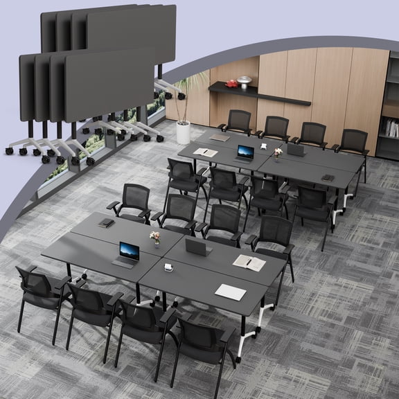 Folding Conference Table with Wheels, Rectangular Mobile Foldable Conference Room Table, Modular Meeting Training Table for Office