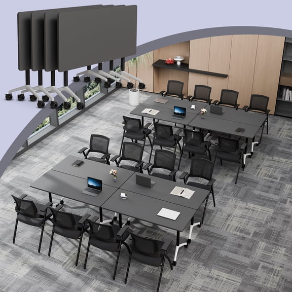 Folding Conference Table with Wheels, Rectangular Mobile Foldable Conference Room Table, Modular Meeting Training Table for Office