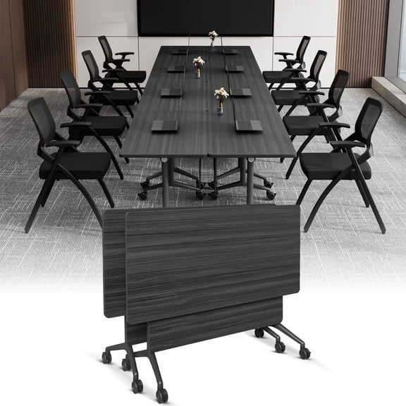 Folding Conference Table with Wheels, Rectangular Mobile Foldable Conference Room Table, Modular Meeting Training Table for Office