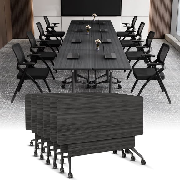 Folding Conference Table with Wheels, Rectangular Mobile Foldable Conference Room Table, Modular Meeting Training Table for Office
