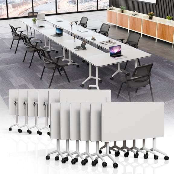 Folding Conference Table with Wheels,White Flip Top Nesting Meeting Table,Rectangular Seminar Desk for Office Classroom,2-10 People (4, 61'', 1)