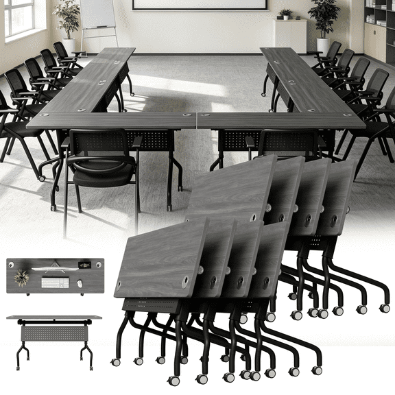 Folding Conference Tables with Cable Hole ,Heavy-Duty Flip Top Training Table with Wheels,Modular Nesting Meeting Tables,for Conference Room School Seminar & Training Center Business