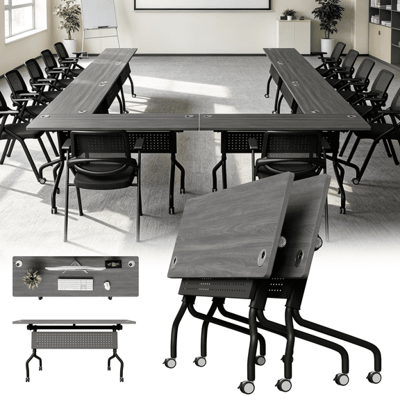 Folding Conference Tables with Cable Hole ,Heavy-Duty Flip Top Training Table with Wheels,Modular Nesting Meeting Tables,for Conference Room School Seminar & Training Center Business