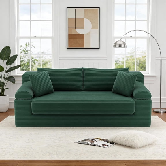 Folding Convertible Sofa Bed, 78 Inch Corduroy Boneless Cloud Couch, Futon Compressed Pull Out Loveseat Sleeper Bed, Foldable Floor Mattress Sofa for Living Room Bedroom, Green