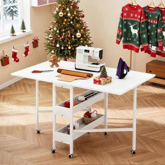 Folding Craft Table with Storage Shelves, Mobile Cutting Table for Sewing, Fabric & Hobby Projects, Fixed Height
