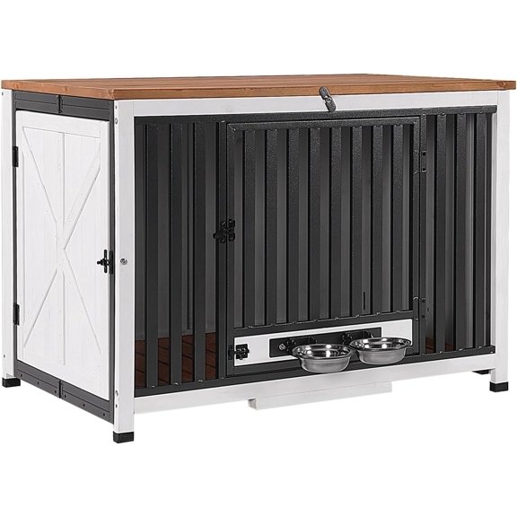 Folding Crate Furniture 39.4" Large Crate End Table with 360?Rotatable Removable Bowls, Kennel Indoor for Small, Medium Dogs