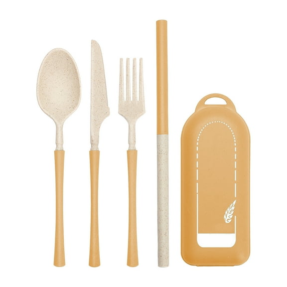 Folding Cutlery Set with Case, Travel Foldable Collapsible Portable Wheat Spoon Fork Straw Utensil Tableware for Picnic Camping (Yellow)