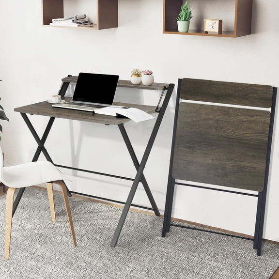 Folding Desk 2-Tier Foldable Table Space Saving Computer Table Writing Workstation for Home Office with Metal Frames/Wood Top Laptop, No Assembly Required, Rustic Brown, 31.9(L) x 20.5(D) x 33.5(H)