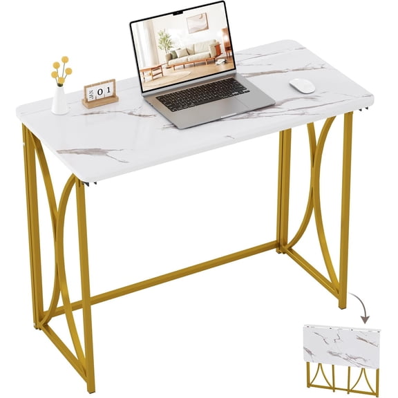Folding Desk 31.5 Inch Small Space Saving Foldable Computer Desk for Bedroom or Home Office White and Gold Medium Size