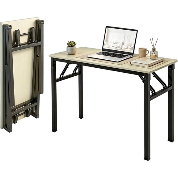 Folding Desk, 39 Inch Foldable Table No Assembly Required,Warm White Small Desk for Office,Space-Saving Table for Bedroom, Dorm, RV