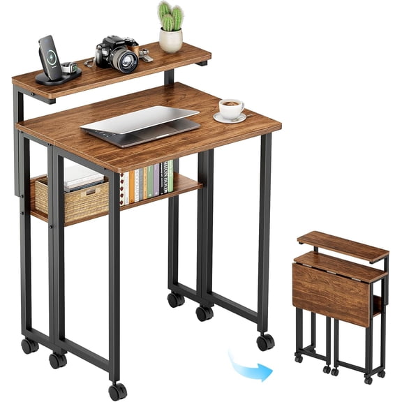 Folding Desk with Adjustable Monitor Stand and Storage Shelf, 24.8in Small Desk with Wheels, Mobile Rolling Table for Small Spaces, Home Office, Walnut