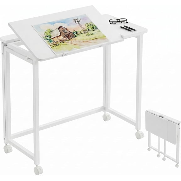Folding Desk with Adjustable Tilt Tabletop, 31.5 Inch Rolling Desk with Wheels, Portable Small Desk for Small Spaces, Drafting Table for Drawing, White