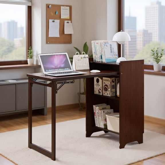 Folding Desk, Compact Computer Desk with Hidden Storage & Built-in Socket, Foldable Workstation for Small Spaces, Home Office, Bedroom