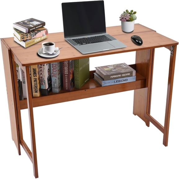 Folding Desk Computer Desk with Bookshelf Floor Standing Writing Dining Table for Office Kitchen and Living Room (Dark Brown)