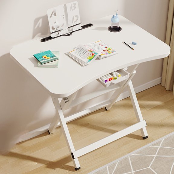 Folding Desk With Cup Holder, Foldable Table Space Saving Computer Table Writing Workstation For Home Office With Metal Frames/Wood Top Laptop, No Assembly Required