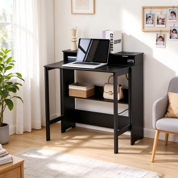 Haooyeah Fold Out Desk with Power Outlets, Small Space-Saving Foldable Desk with Storage Shelf, Hidden Wall Desk for Bedroom, Living Room & Office, Black