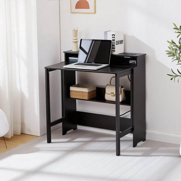 Haooyeah Fold Out Desk with Power Outlets, Small Space-Saving Foldable Desk with Storage Shelf, Hidden Wall Desk for Bedroom, Living Room & Office, Black