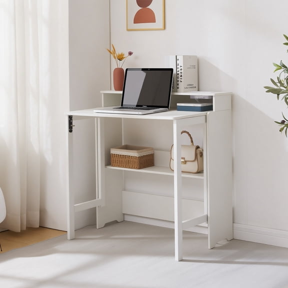 Haooyeah Fold Out Desk with Power Outlets, Small Space-Saving Foldable Desk with Storage Shelf, Hidden Wall Desk for Bedroom, Living Room & Office, White