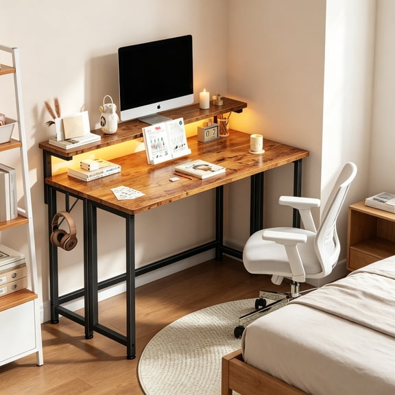 Folding Desk with RGB Light for Small Space, 39.4" Foldable Computer Desk, Space Saving Sofa Table for Couch, Home Work Office Desk with Monitor Stand, Easy to Fold with Hooks, Brown