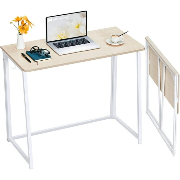 Folding Desk, Small Foldable Desk 31.5" for Small Spaces, Space Saving Computer Table Writing Workstation for Home Office, Easy Assembly, Oak
