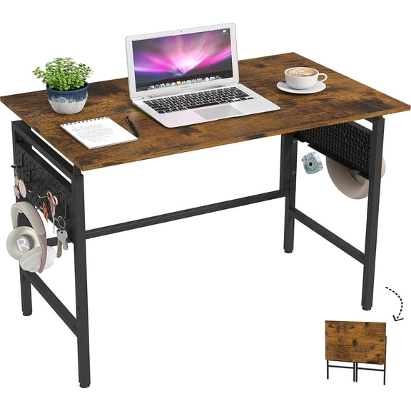Folding Desk, Small Foldable Desk 40" for Small Spaces, Space Saving Computer Table for RV, Apartment, Office, Easy Assembly with Movable Pegboard Panels,Rustic Walnut