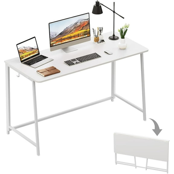 Folding Desk, Small Foldable Desk 47.2" for Small Spaces, Space Saving Computer Table Writing Workstation for Home Office, Easy Assembly,White