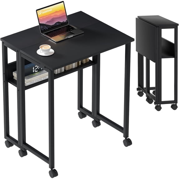 Folding Desk Small Rolling Desk with Storage Shelf,24.8 inch Foldable Computer Desk with Wheels for Small Space,Easy Assembly,Black