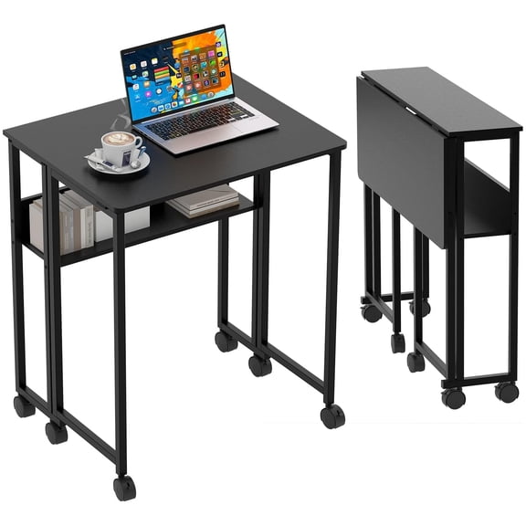 Folding Desk Small Rolling Desk with Storage Shelf,24.8 Inch Foldable Computer Table for Small Spaces, Space Saving Sofa Table with Wheels for Home Office, Study, Easy Assembly, Black