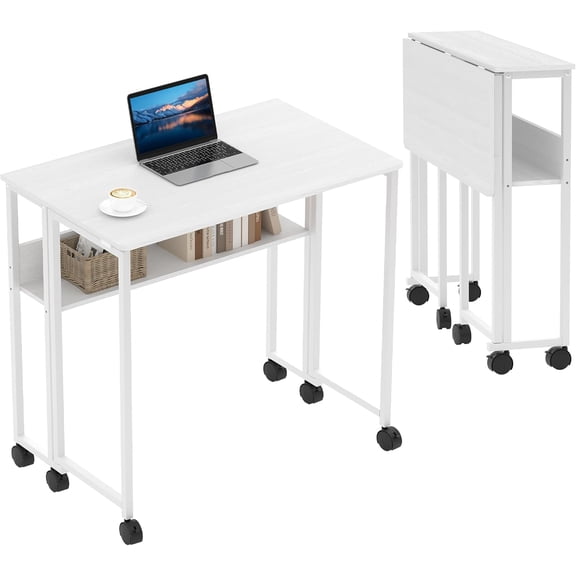 Folding Desk Small Rolling Desk with Storage Shelf,31.5 Inch Foldable Computer Table for Small Spaces, Space Saving Sofa Table with Wheels for Home Office, Study, Easy Assembly, White