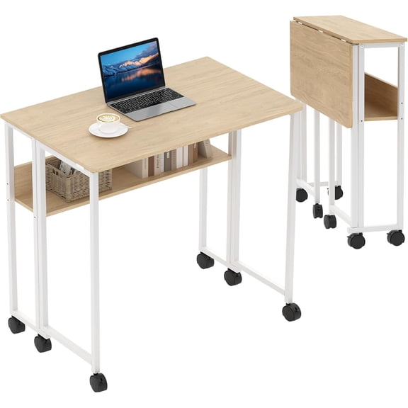 Folding Desk Small Rolling Desk with Storage Shelf,31.5 Inch Foldable Computer Table for Small Spaces, Space Saving Sofa Table with Wheels for Home Office, Study, Easy Assembly,