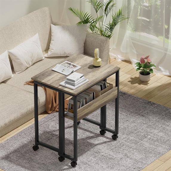 Folding Desk Small Rolling Desk with Storage Shelf,24.8 inch Foldable Computer Desk with Wheels for Small Space,Easy Assembly, Grey Wash