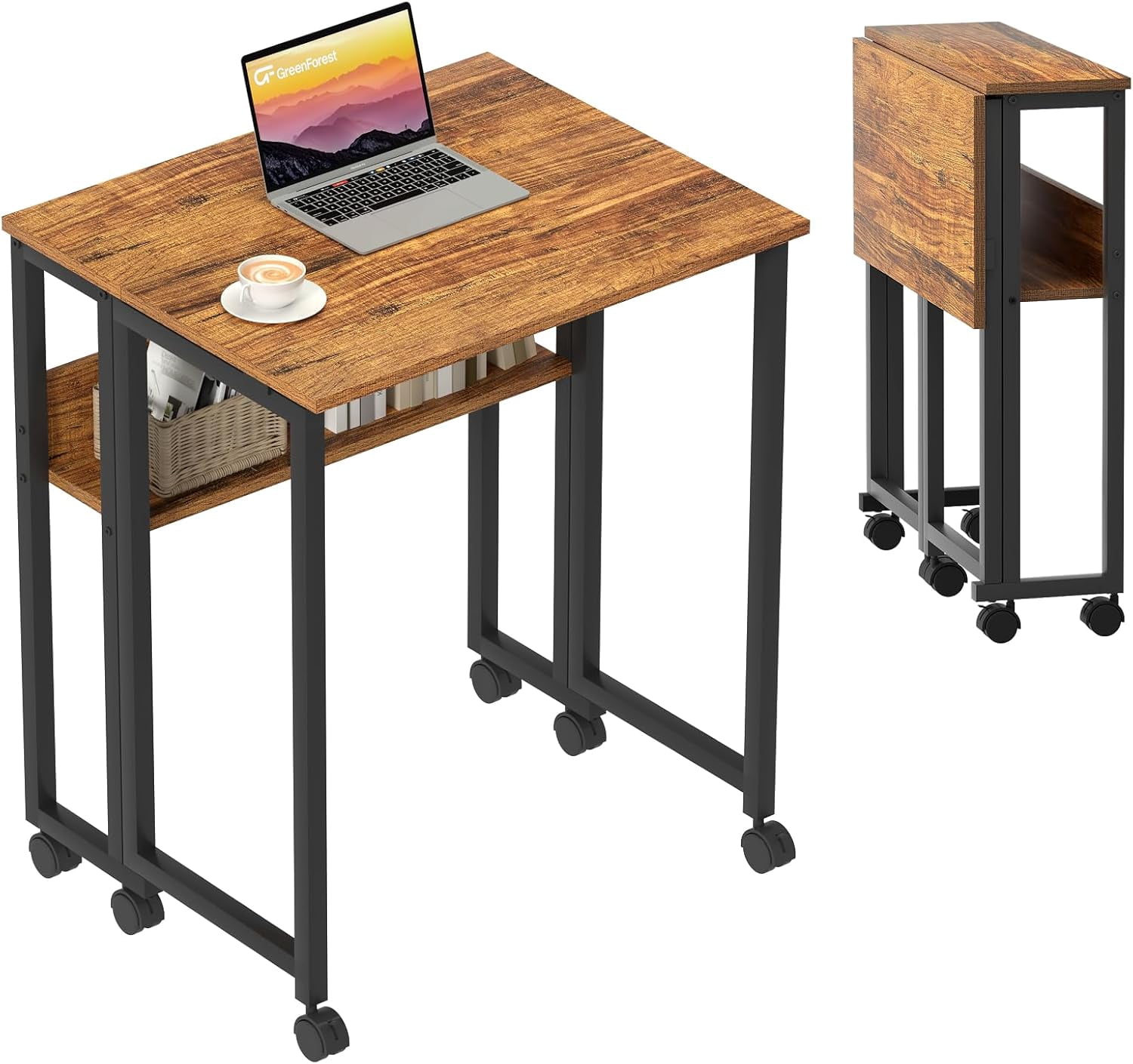 Folding Desk Small Rolling Desk with Storage Shelf, 24.8 inch Foldable Computer Desk with Wheels for Small Space, Easy Assembly,Walnut