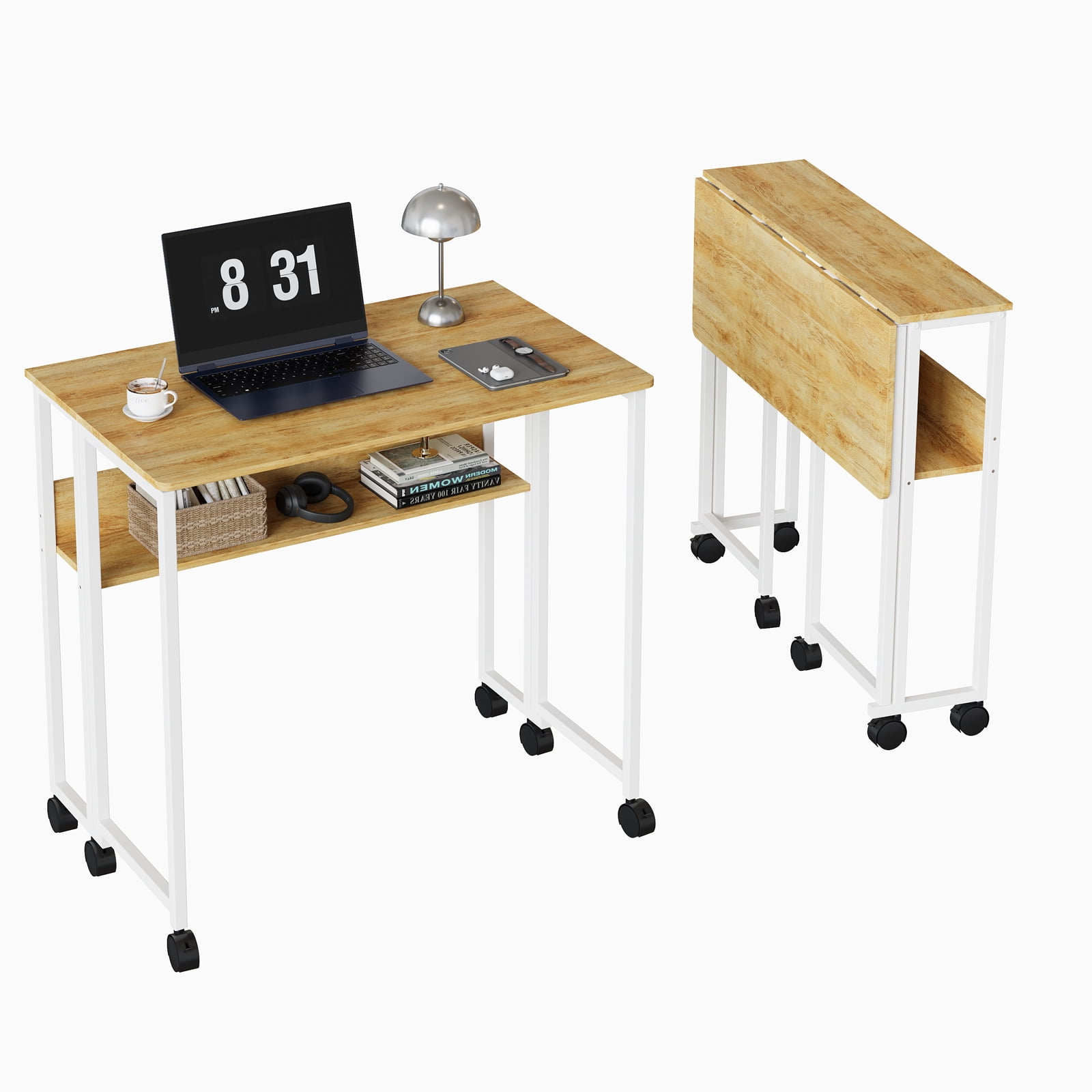 Folding Desk Small Rolling Desk with Storage Shelf,24.8 inch Foldable Computer Desk with Wheels, for Small Spaces, Home Office, Study, Easy Assembly