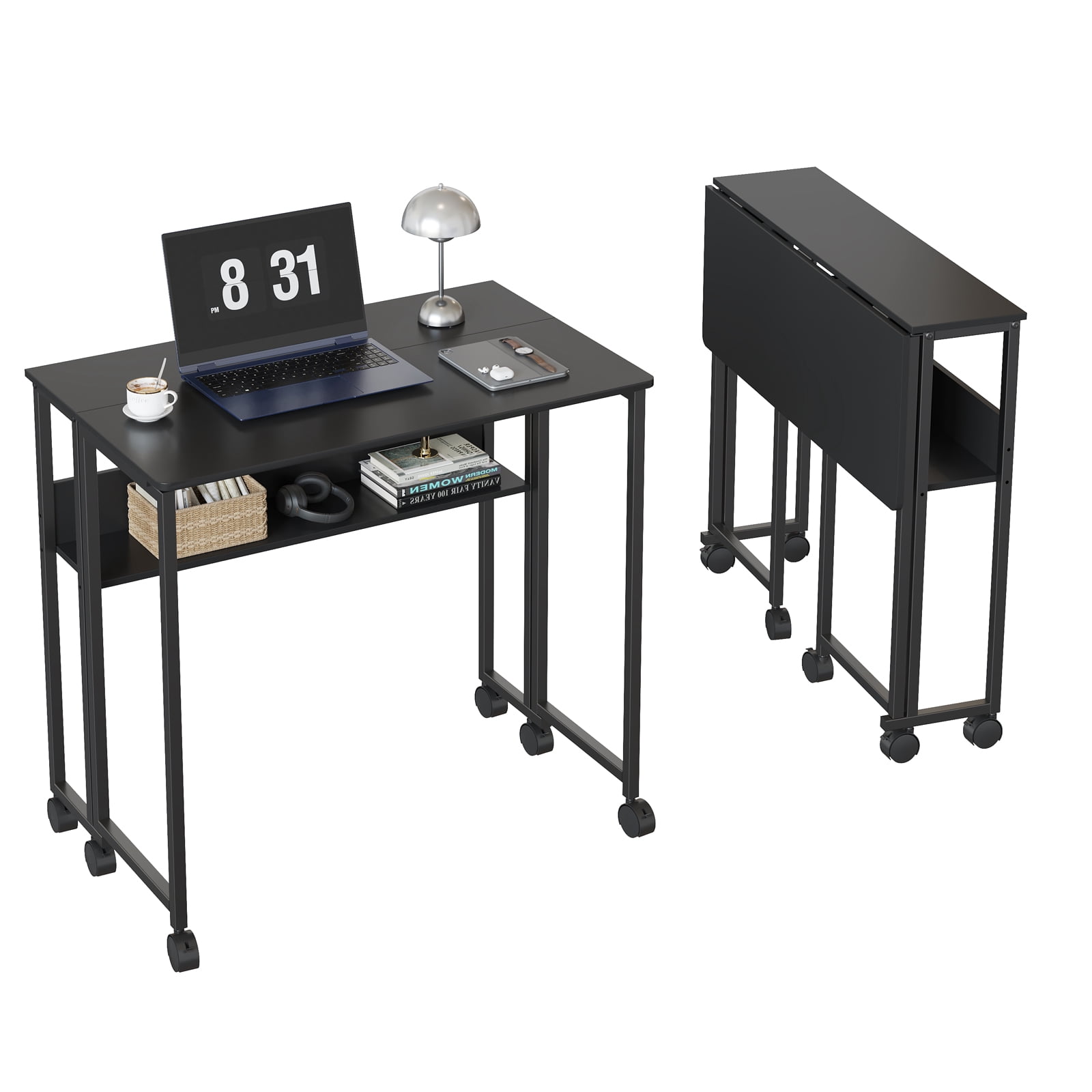 Folding Desk Small Rolling Desk with Storage Shelf,24.8 inch Foldable Computer Desk with Wheels, for Small Spaces, Home Office, Study, Easy Assembly