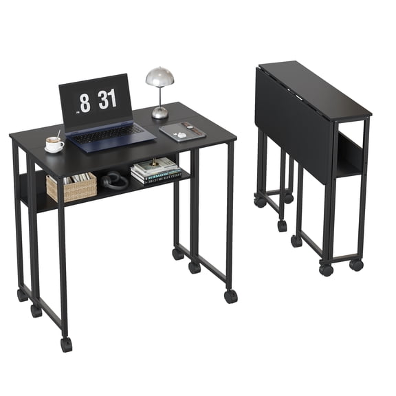 Folding Desk Small Rolling Desk with Storage Shelf,24.8 inch Foldable Computer Desk with Wheels, for Small Spaces, Home Office, Study, Easy Assembly