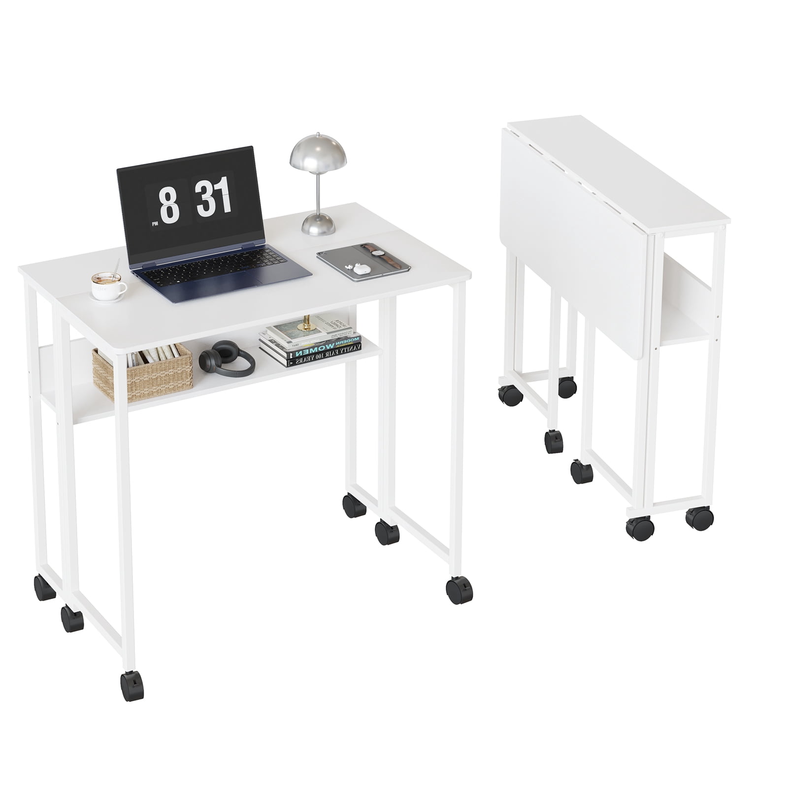 Folding Desk Small Rolling Desk with Storage Shelf,24.8 inch Foldable Computer Desk with Wheels, for Small Spaces, Home Office, Study, Easy Assembly