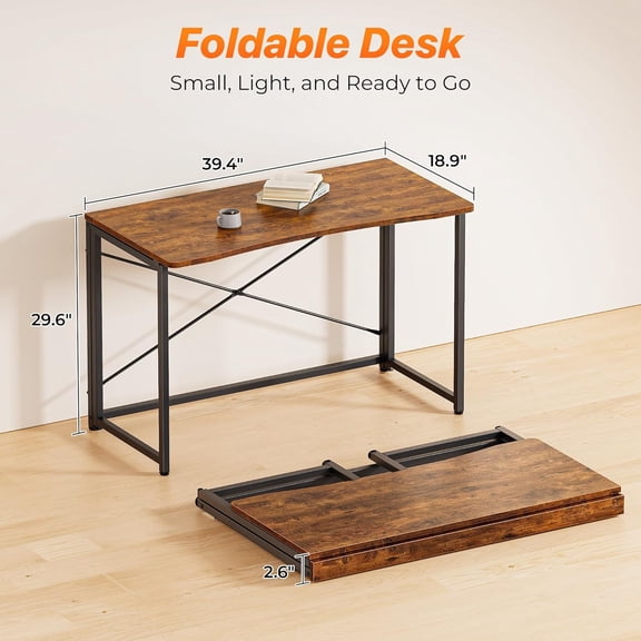 Folding Desk for Small Spaces, 39.3 Inch Foldable Computer Table, for Home Office, Study, Bedroom, Dorm, Space Saving, Small Writing Work Office Computer Desk, Easy to Fold, Rustic Brown