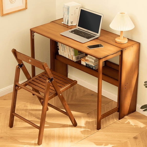 Folding Desk - Space-Saving Computer Desk for Small Spaces, Foldable Study Table for Bedroom, Home Office, Dorm, or Apartment - Walnut Brown Design
