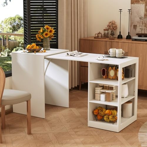 Folding Desk with Storage, Computer Desk with 3-Tier Shelves for Compact Spaces, Pull Out Writing Table for Home Office, Bedroom, Kitchen, Living Room$$Home Decor, Kitchen, & Other