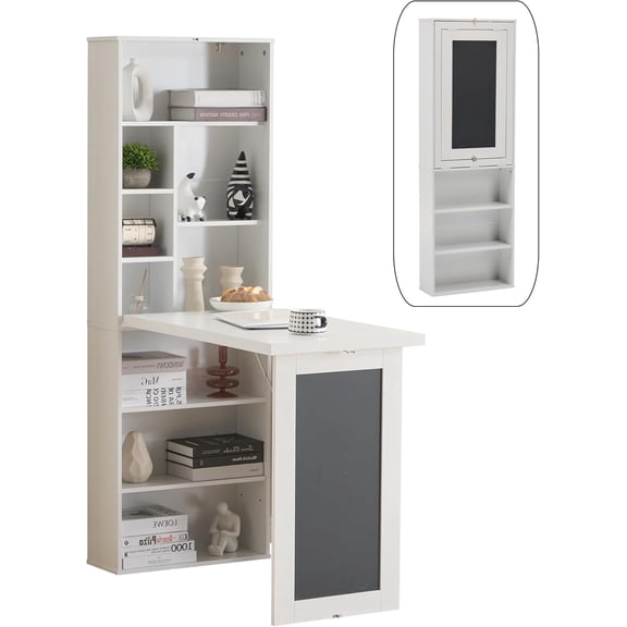 Folding Desk with Storage,Foldable Convertible Writing table with Blackboard and Shelves,Wall Mount Fold Out Table Cabinet , Space-Saving Murphy Desk Multi-Function Home Office Workstation (White)