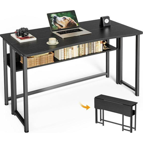 Folding Desk with Storage Shelf, 23.6 Inch Foldable Computer Table for Small Spaces, Space Saving Sofa Table for Couch, Writing Work Office Computer Desk, Easy to Fold, Rustic Brown